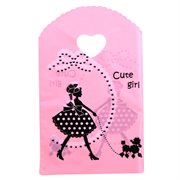 Gavepose - plastpose "Cute Girl" med hjerte håndtag. Lyserød. 23 cm. 50 stk.